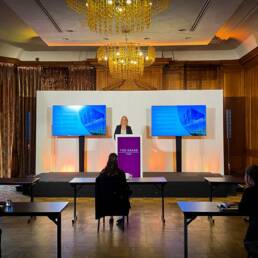 Hybrid event equipment including camera, lighting and screens provided for a conference at York Grand Hotel