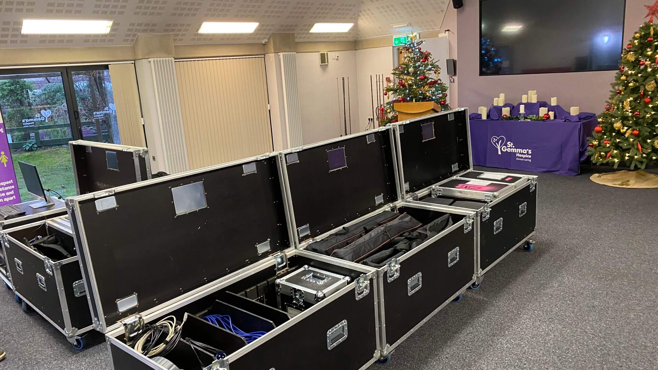 Image of flightcase's at St Gemma's Hospice for the Light Up A Life Event 2020